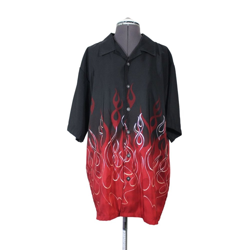 ODO men's vintage red fire flame painted short sleeve button‎ front shirt L